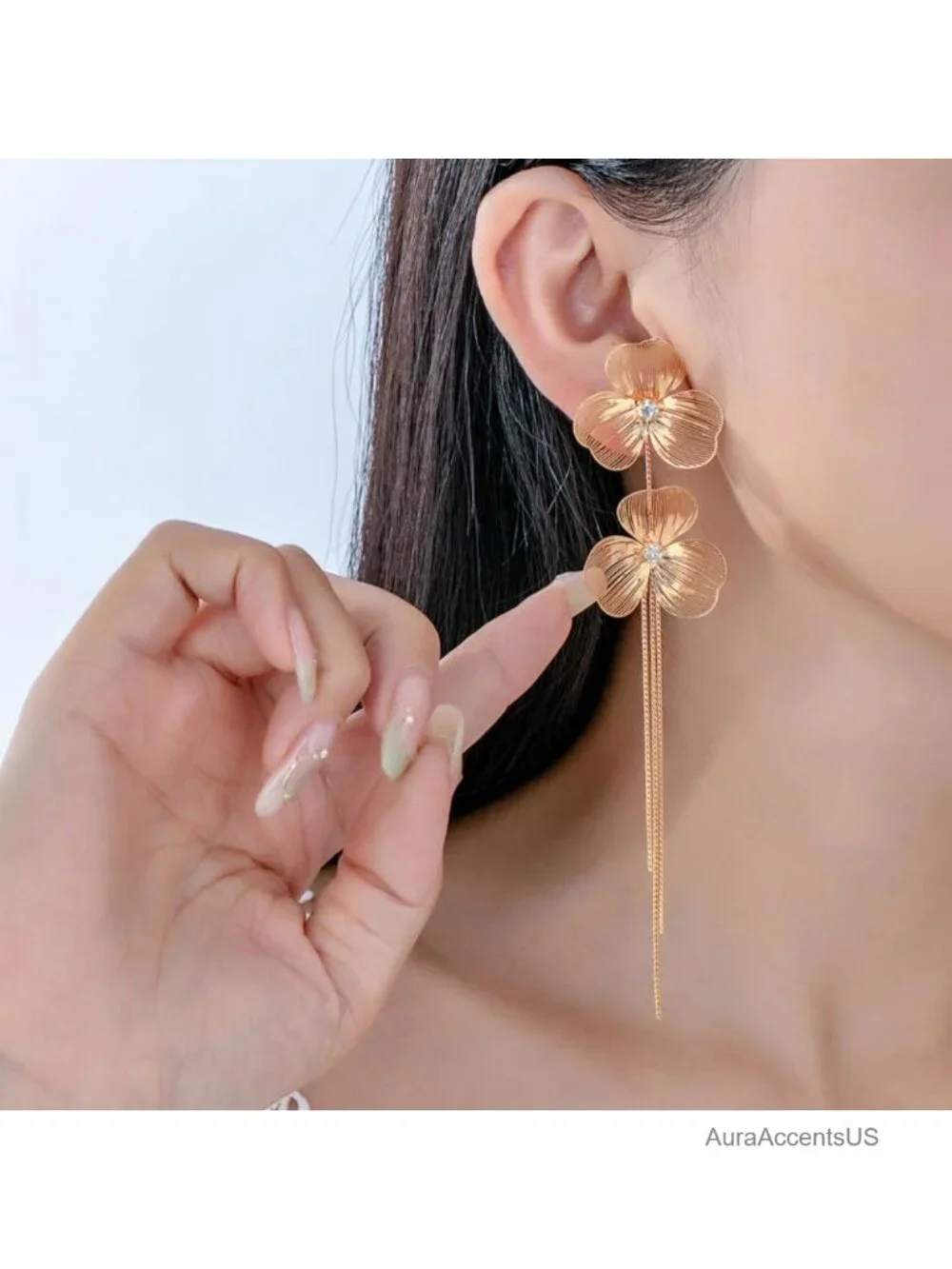 Double Flower Tassel Dangle Earrings Long Cascading Metal Statement Jewelry